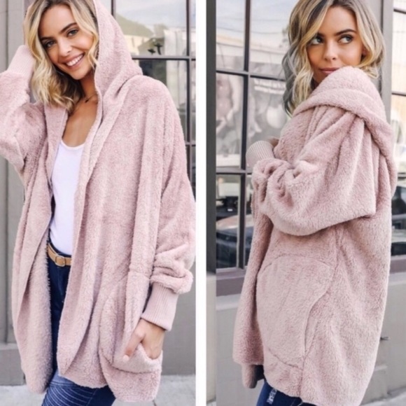 Rose - Light Pink Faux Fur Cardigan Jacket hoodie - Picture 2 of 6